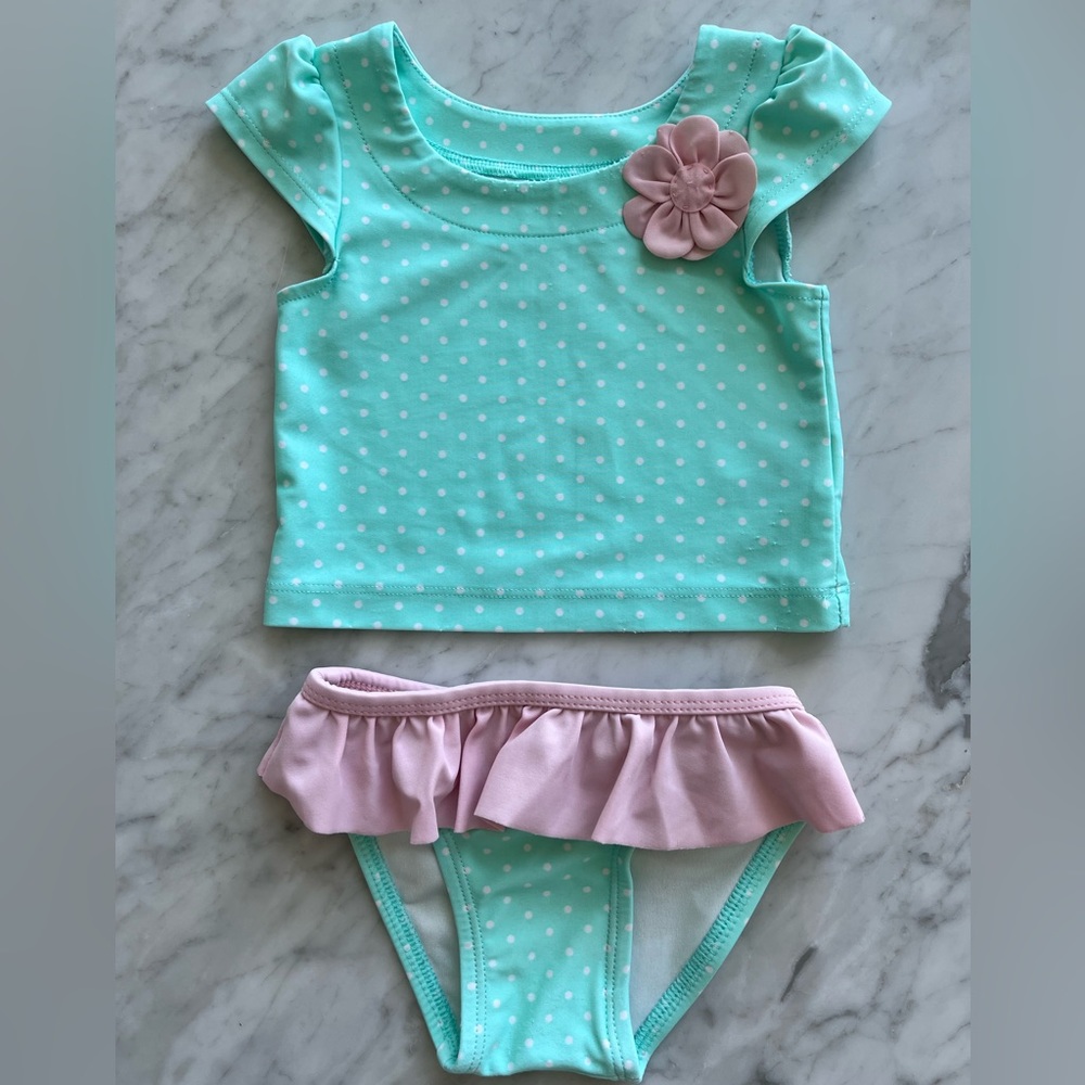 Circo 9mth teal, pink & white polkadot, tankini swimwear